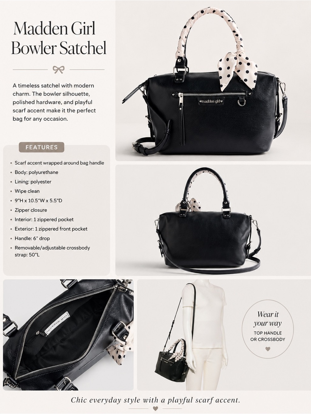 NWT Madden Girl Black Bowler Satchel with Polka Dot Scarf